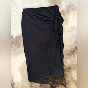 Lulu's Black Wrap Midi Skirt with Tie, Black, Large Rayon